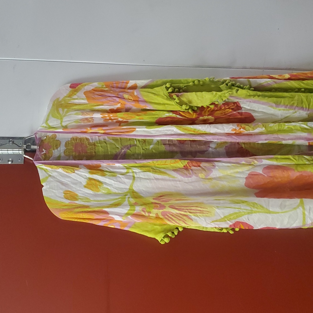 Floral Printed Duster Kimono Cardigan Pompom Trim Citrus Green Yellow Floral
